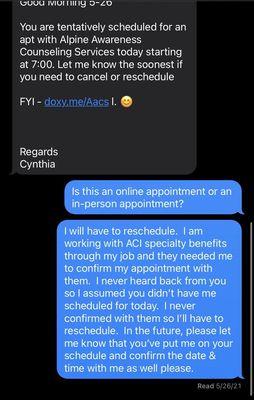 Cynthia getting the time of the appointment wrong and messaging me the day of the appointment to confirm