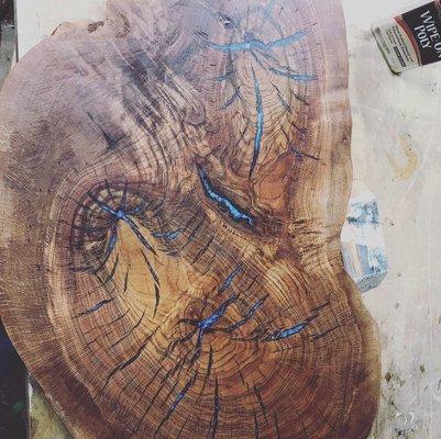 Live edge post oak coffee table top, later attached with hairpin legs.