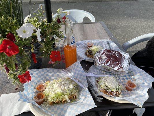 Choquen taquitos, chorizo sope , carne asada sope and chorizo torta . The salsa was very tasty and spicy