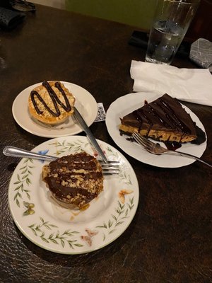 Chocolate peanut butter cheesecake, chocolate peanut butter pie, and turtle cheesecake.