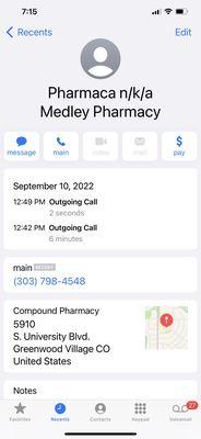 Confirmation of phone call made to refill my prescription on 9/10.
