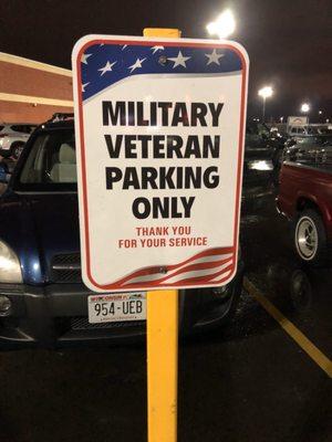 Veteran parking. This is new and well: kinda nice. Bell-Steve-O isn't too healthy and can't walk far. This is awesome.