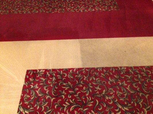 Carpet cleaning during process - left side has been cleaned. See the difference!!