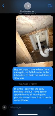 Text I sent about leak with no response.