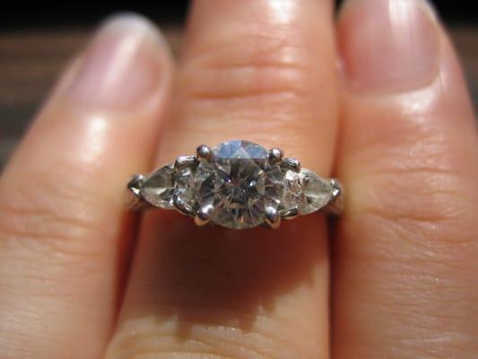 Ring project BEFORE. I had a three stone diamond ring in an engraved platinum setting.