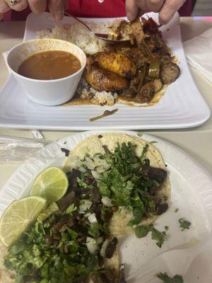 Steak tacos, rice, beans and ribs. Always good food. Delicious. My husband and I have been coming here for years. Love it!