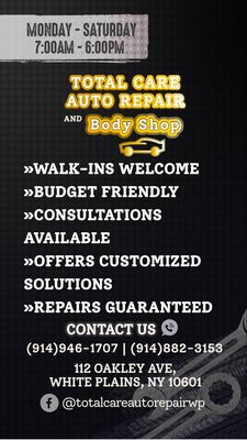 total care auto repair body shop white plains NY walk-ins welcome budget friendly consultation available offers customized solutions repairs