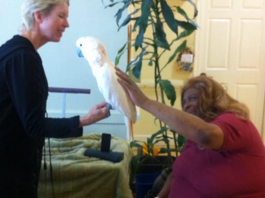 Mary and her cockatoo "Soda" pay a visit to Maitri residents.