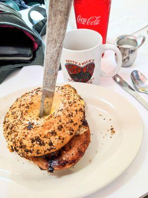 Pork roll egg and cheese on a toasted everything bagel. Absolutely delicious.