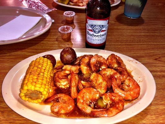 Boiled Shrimp Cajun/Garlic spicy,  corn and potatoes.