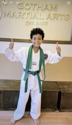 Blake promoted from green belt to green belt with blue stripe