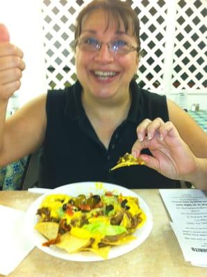 Giving thumbs up to the Monster Nachos