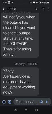 Screenshot from Xfinity saying my service is working days ago