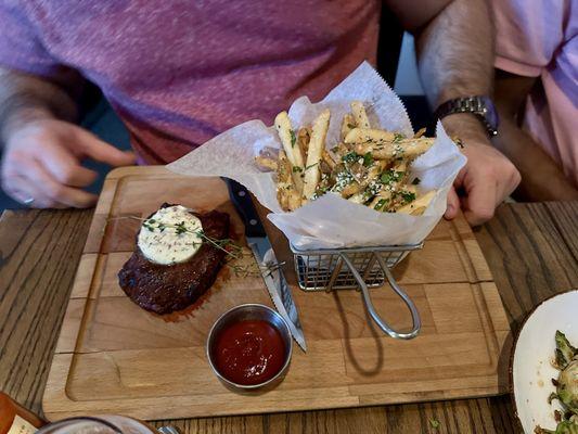 Steak Frites (flat iron, bourbon butter, parmesan herb fries)