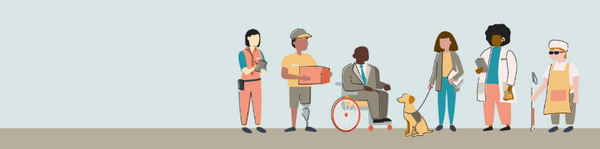 A graphic of6 persons with various disabilities working.