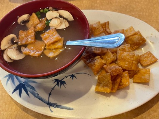 Miso soup with crispy wontons