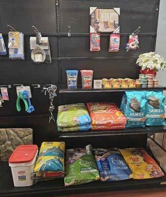 We carry a variety of cat foods, treats and toys. We also carry cat litter.