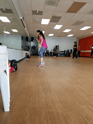 Julie getting her groove on in Zumba. Every Monday & Wednesday at 6pm, Friday at 5:30pm, and Saturday 8:30am