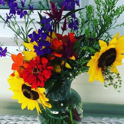 sunflowers on the front porch