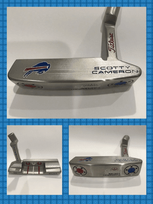 Sandblasted putter. Installed laser engraved Buffalo Bills Logo and paint filled in Red, White & Blue Theme.