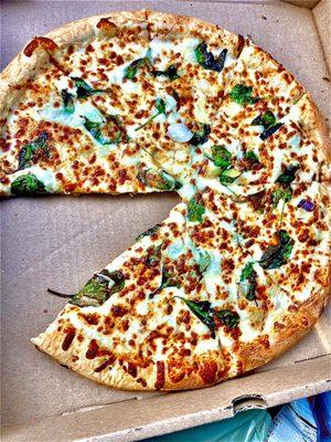 Do yourself a favor and get this spinach pizza with Alfredo sauce ! YUM !