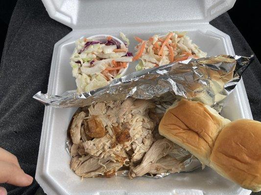 $8- 1/2lb of pulled chicken, 8oz Cole slaw and 2 rolls. Prices are great here.