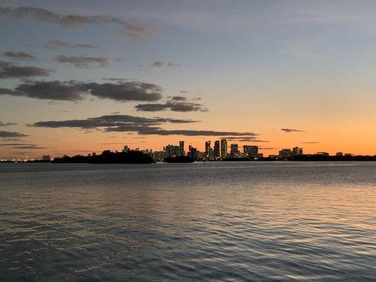 View of Miami at sunset from Pelican Harbor Marina