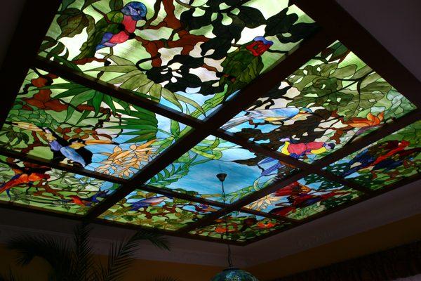 Interior design, stained glass skylight art panel.