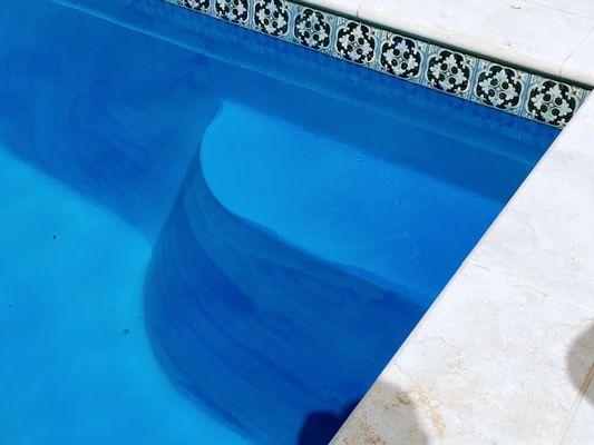 The Damage. The white line below the tiles and the streaks on the wall are caused by brushing the sides with the heavily chlorinated water.