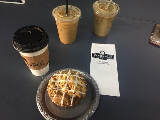 coffee cake muffin and iced coffee