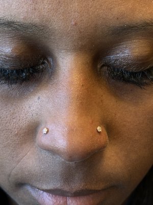 Paired 18k gold nostril piercing by Kara