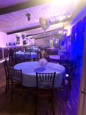 A third birthday party set up In our Rustic room.