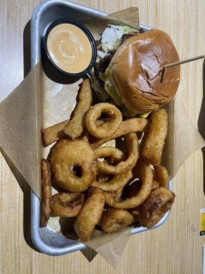 All American cheeseburger  Onion rings