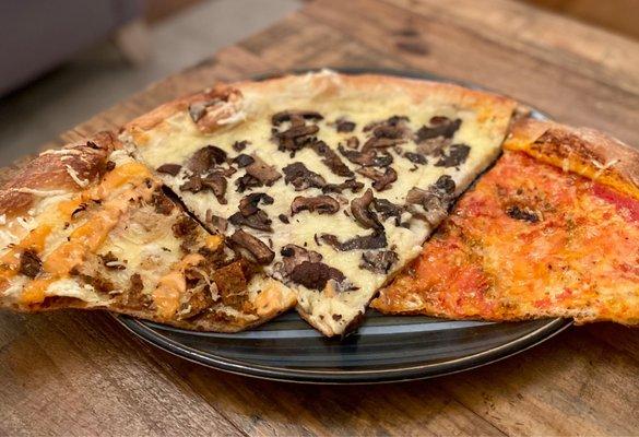 Trio of delightfully oily, crisp-yet-foldable beauties featuring some genuinely impressive vegan cheeses.