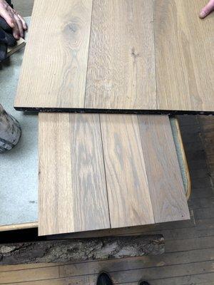 Glen is a magician! The top is the sample I liked (actually engineered hardwood) and the bottom is the white oak he stained to match!