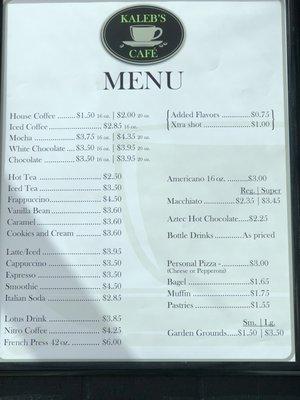 Kaleb's Café Menu