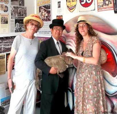 Coney Island History Project (museum). Dr. Takeshi Yamada and Seara (sea rabbit) and two volunteer workers (Amanda and Liz). 2015.0725