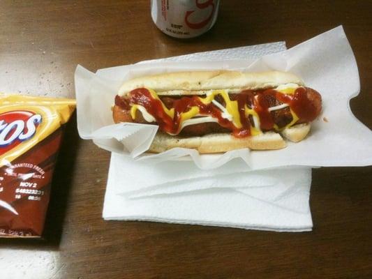 The $4 Combo - bacon dog with chips and soda