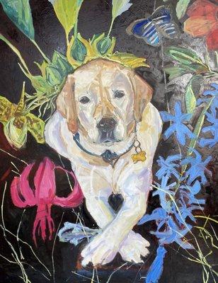 Custom 60"x40" oil painting of a full body dog portrait with detailed background