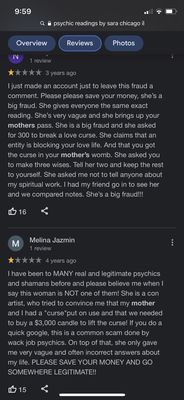 Bad reviews stating that this psychic takes advantage of ppl & maliciously claims they have a curse on them