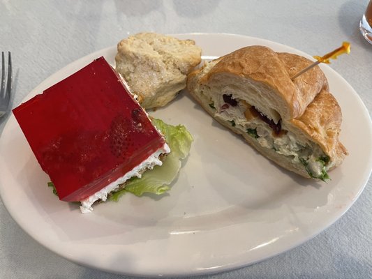 Angel Duet - half chicken salad croissant and strawberry pretzel salad with a scone.