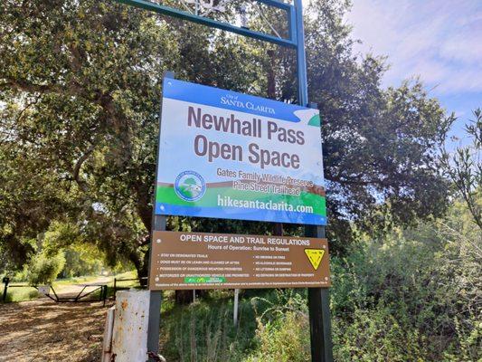 The sign identifies this as the Newhall Pass Open Space, but it is incorrect. The Newhall Pass Open Space is to the west and is separate.