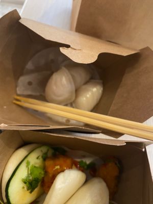 Fried Chicken Bao Buns and Shrimp Dumplings