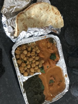 Chicken Tikka Masala, Spinach, Chickpeas and Naan -- Delish! It looks small but it's a lot of food!!