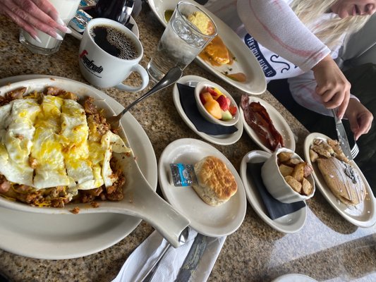 Texas Skillet with a Biscuit Oreo Pancakes Fresh Fruit Brunch Potatoes and a Floridian Omelette