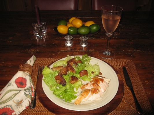 Zuni Chicken with Warm Bread Salad using a Bell and Evans chicken from Stowe Seafood.