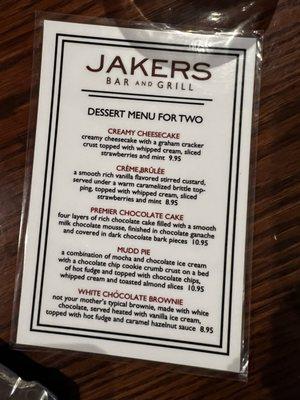 Dessert menu