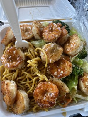 Jumbo shrimp over noodles