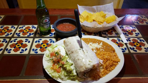 SuperChanga withbrice, beans, pico de gallo, sided with customary chips and salsa.