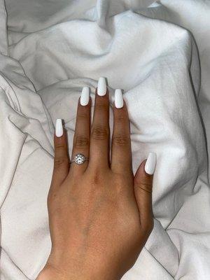 I got a basic coffin shape with length and white polish! Obsessed!!